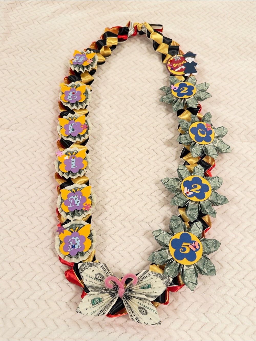 Handmade Multicolor Ribbon and Dollar Bill Lei Necklace